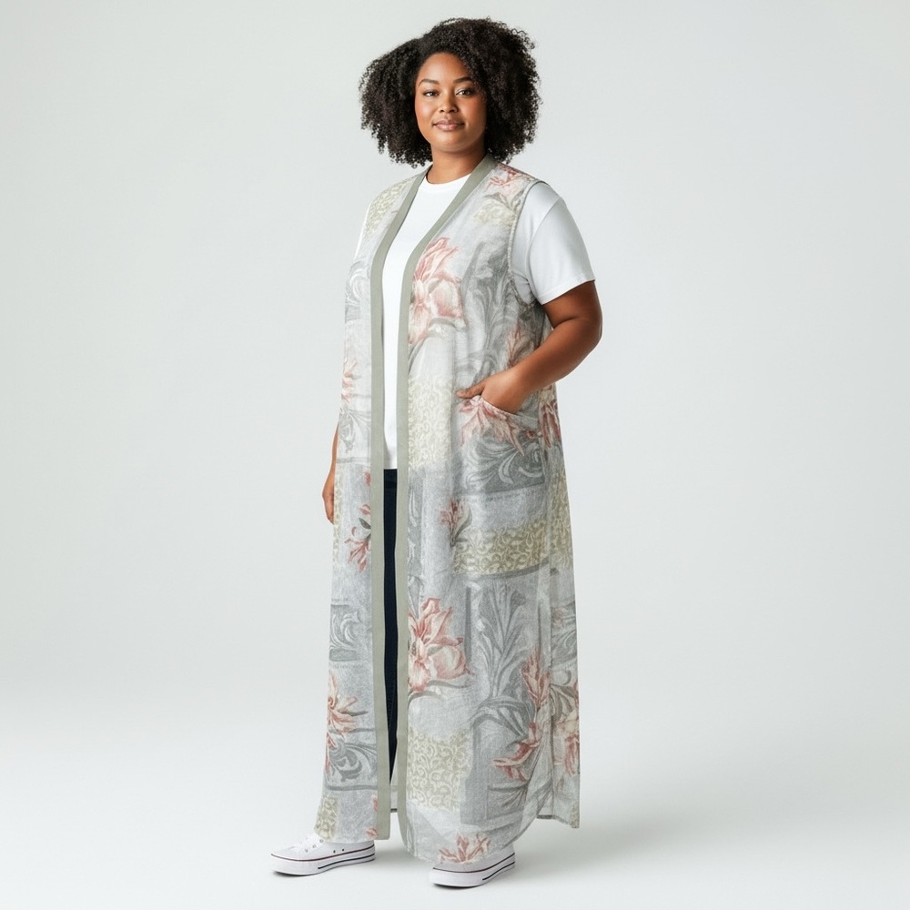 Vintage Bright Lights Sleeveless Sheer Floral Patchwork Long Vest